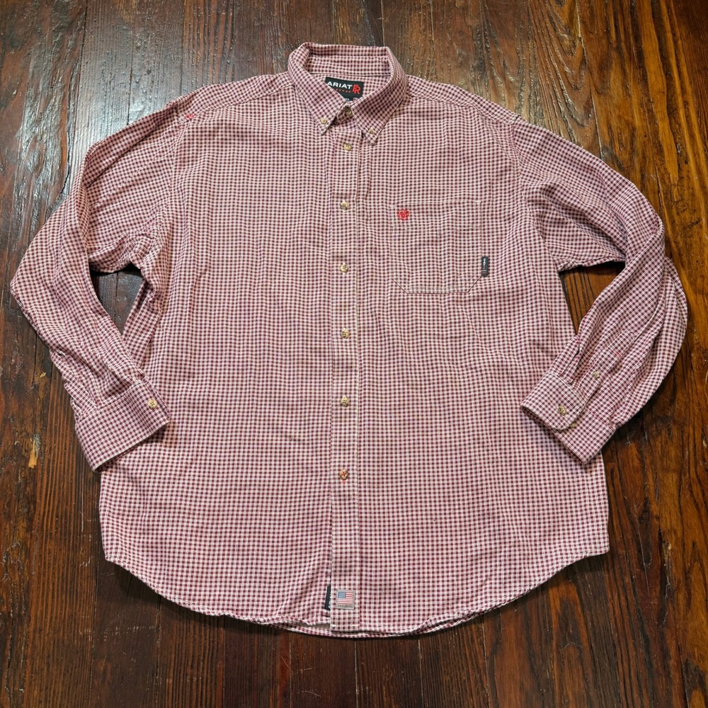 Ariat FR Shirt Mens 2XL Red Grid Flame Resistant Workwear Button